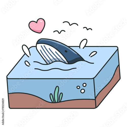 Whale living in the ocean illustration, hand drawing animal habitat