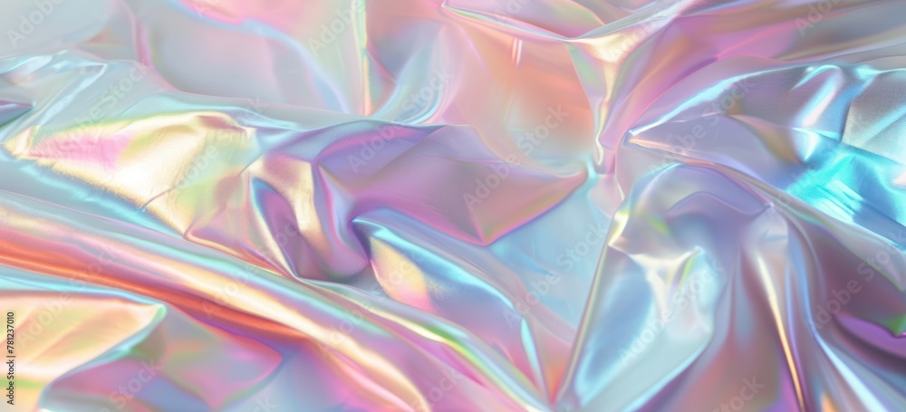 Obraz premium Colourful holographic gradient pastel wrinkled cloth fabric foil abstract retro futuristic background.