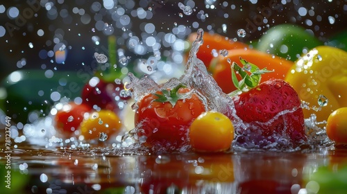 Fresh Colorful Fruits and Vegetables with Water Splash.