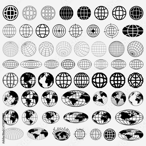 Set Of Globe Icon Vector Design. Collection Of Planet Earth World Signs. Website Url Symbol. Streetwear Graphic Element.