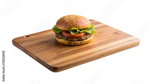 Wooden cutting board on hamburger isolated on transparent background