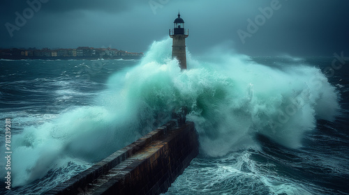 Okean waves on lighthouse. photo