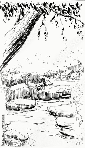 Hand drawn illustration of a creek