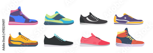 Sneaker shoe. Athletic sneakers  fitness sport shop footwear collection on white background. Set of sport shoes for training  running. Vector illustration in flat design