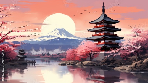 Japanese fantasy nature art in traditional style with a touch of whimsical fantasy elements