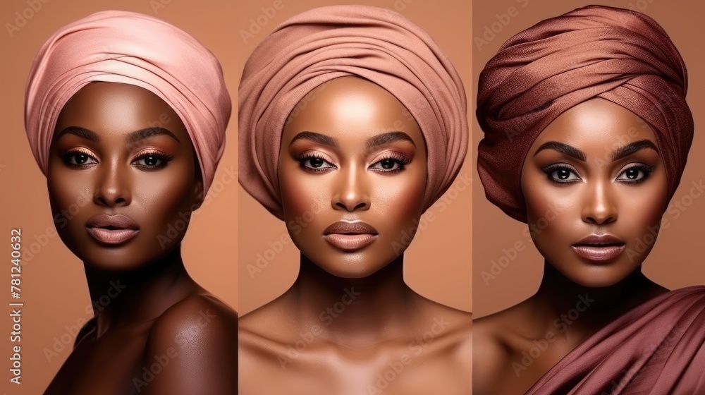 Three Elegant African American Models in Traditional Headwraps. Three Elegant African American Models in Traditional Headwraps.