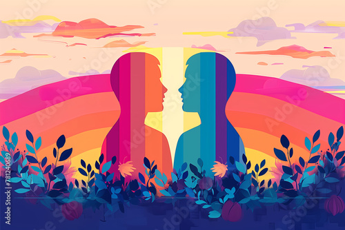 Artistic illustration of gay couple with face to face embracing.