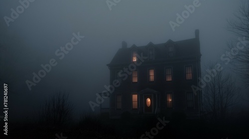 house at night in the fog. 