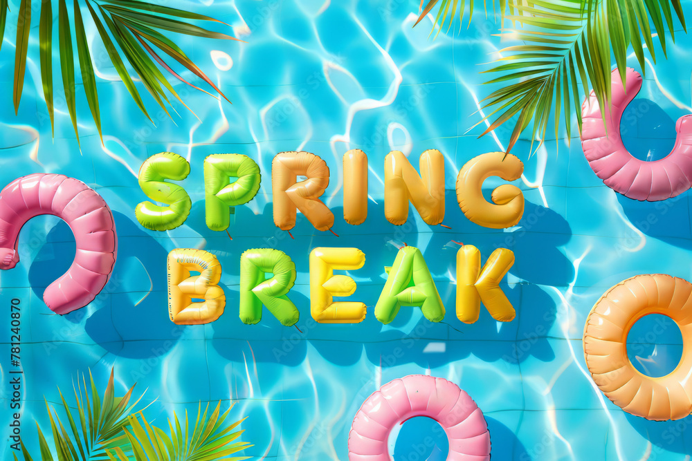 Spring break word spelled out in inflatable pool floats in a summer ...