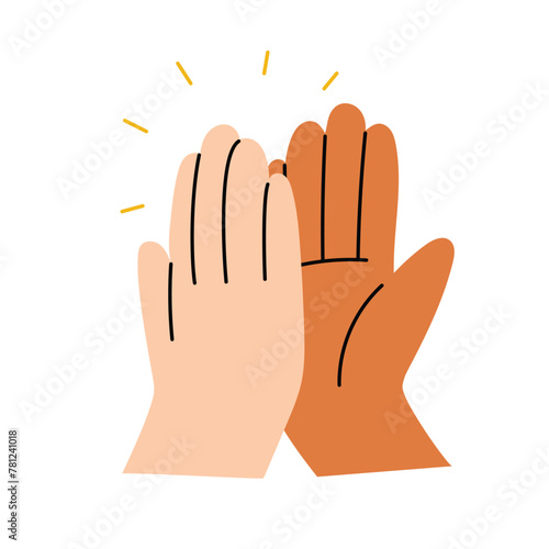 Two diverse hands giving high five, well done gesture, job good done. Hand drawn vector illustration, isolated on white