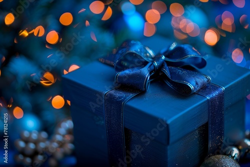 Luxurious Blue Gift Package with Sparkling Bow on Festive Bokeh Effect