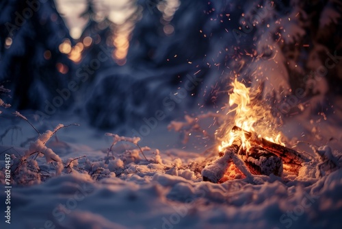 Snowy Wilderness Scene with a Glowing Campfire at Dusk