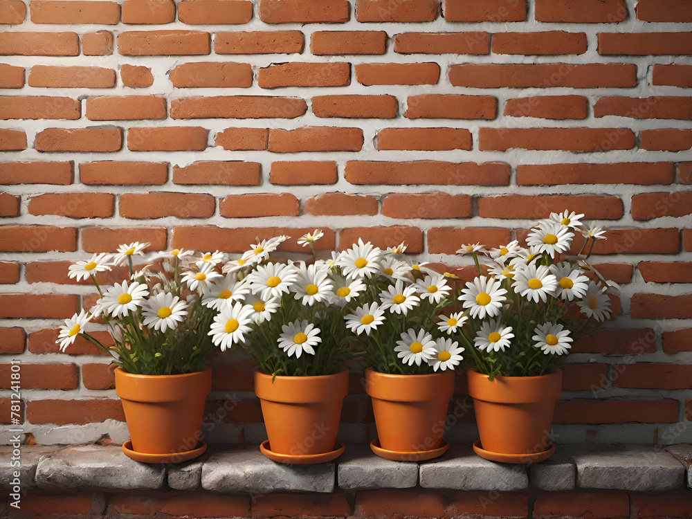 Old vintage orange brick wall decorated with white daisy in small pots for background.