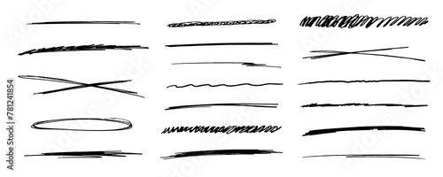  strikethrough underlines, set brush stroke, marker lines grunge curve, wvy free hand marks textured simple borders isolated on white background. Creative collection scribble brush or crayon checks