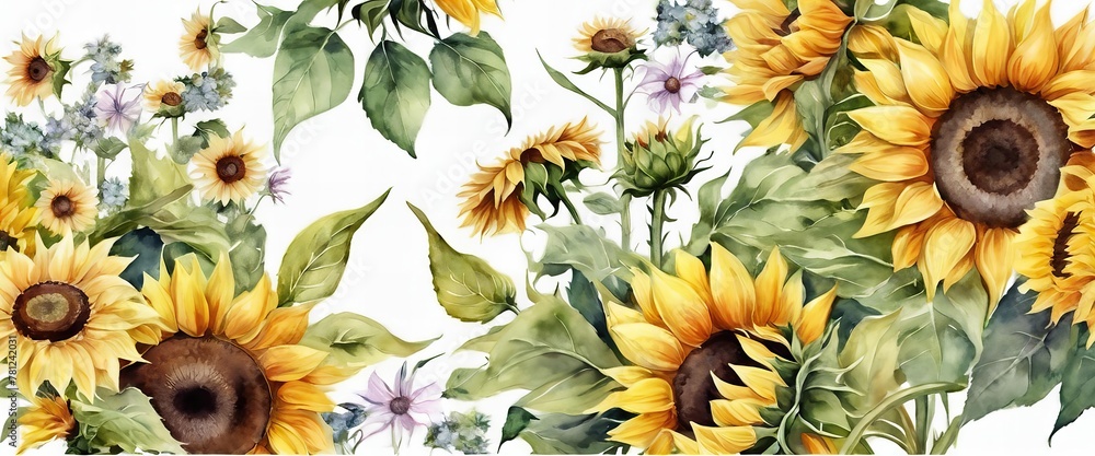 A painting of a field of sunflowers with a white background. The sunflowers are in various sizes and are scattered throughout the painting. The overall mood of the painting is bright and cheerful - obrazy, fototapety, plakaty 