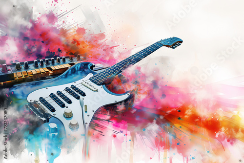 Abstract distressed watercolour painting of an electric guitar and piano keyboard synthesiser for a music poster or flyer, stock illustration image photo