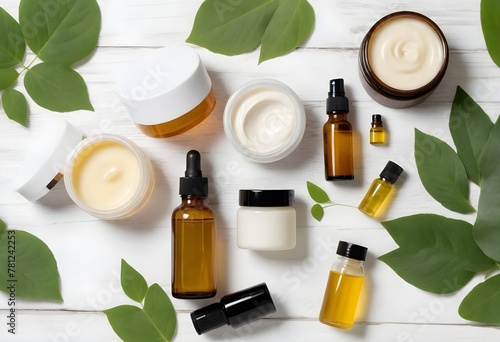 Various skincare products including cream jars and oil bottles arranged neatly on a white wooden surface surrounded by green leaves.