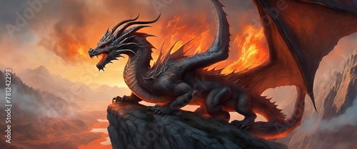 A large black dragon with red flames on its wings is perched on a rocky cliff. The dragon is surrounded by a beautiful landscape with mountains in the background. Concept of awe and wonder