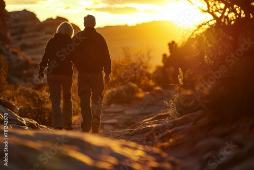 Golden Hour Hike: Couple Walking Towards Sunset © Ilia Nesolenyi