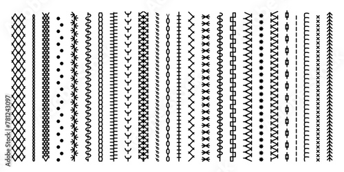 Different types of machine black stitch brush pattern for fasteners, dresses garments, bags, clothing and accessories. Set of sewing machines for embroidery. Embroidery cloth edge texture. Vector