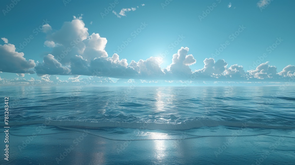 Peaceful ocean waters extend towards the horizon under a sky of fluffy white clouds, illuminated by the gentle rays of the sun. Generative AI