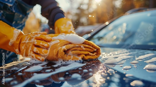 Hand Washing Blue Car Hood with Sudsy Cloth