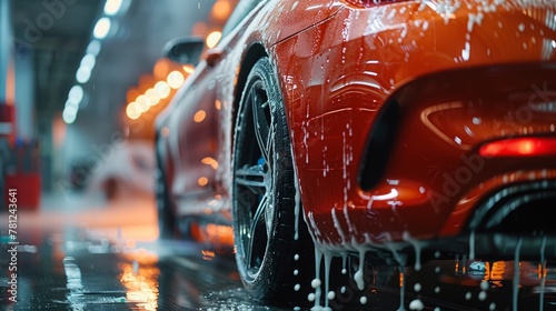 Rear View of Red Sports Car in Automated Car Wash © admin_design