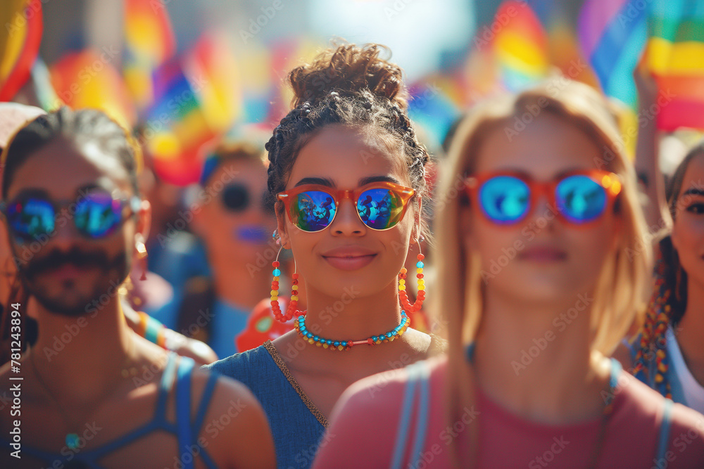 happy black lesbian woman in a crowd of people at street LGBT parade in summer march happy black lesbian woman in a crowd of people at street LGBT parade in summer march