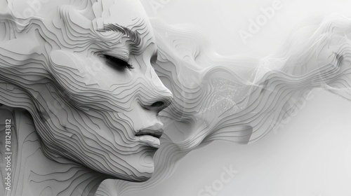 A 3D artwork featuring the side profile of a female face with intricate contour lines flowing seamlessly into wave-like patterns. Generative AI
