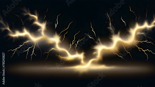 Vibrant gold lightning bursts on black background, dynamic explosion on dark canvas, striking gold paint burst on black surface, golden lightning vibrant splatter on ebony background(Generative AI)