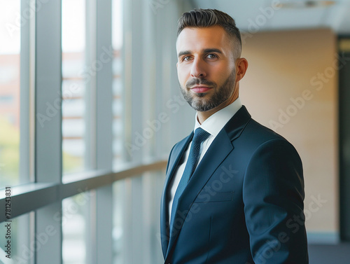 Portrait of boss. Elegant confident business man with suit and beard, bust of a businessman. Successful male.