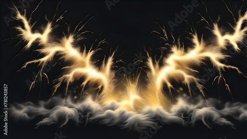 Vibrant gold lightning bursts on black background, dynamic explosion on dark canvas, striking gold paint burst on black surface, golden lightning vibrant splatter on ebony background(Generative AI)