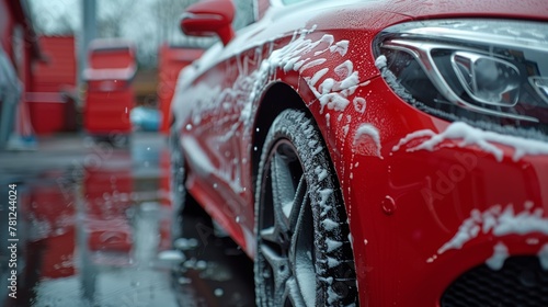 Red Car Undergoing Soap Wash at Carwash