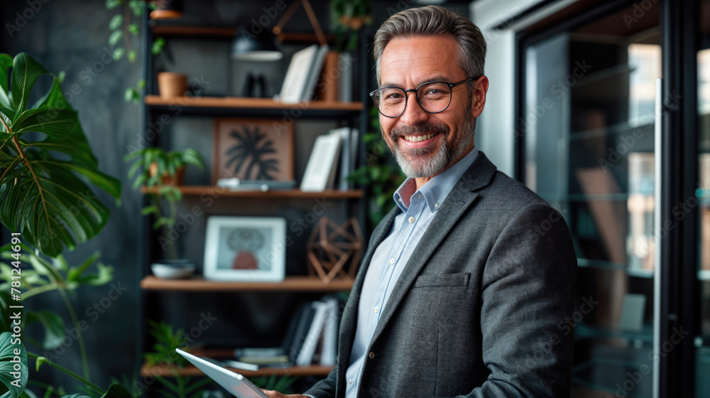 A smiling businessman with a tablet, wearing glasses and a suit. A smiling businessman with a tablet, wearing glasses and a suit.