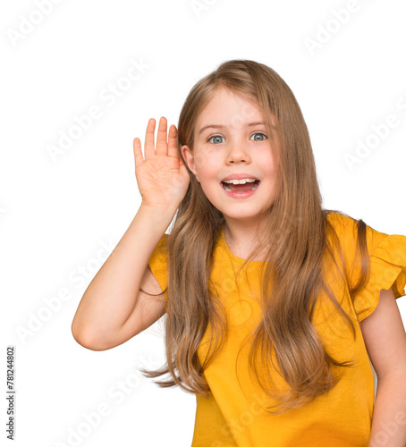 Cute girl pricking up her ear against white background. Cute little girl listens and making hand to ear gesture. Isolated on white background. Space for text