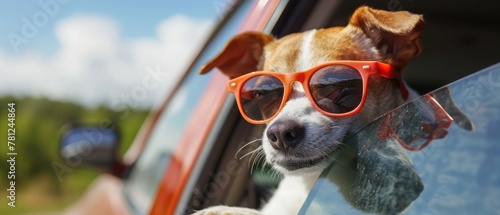 dog leaning out the car window with funny sunglasses