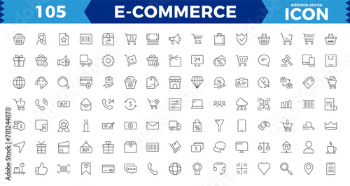 "E-Commerce set of web icons in line style. .Online shopping icons for web and mobile app. .Business,  bank card, .gifts, sale,  illustration,E-business symbol. Solid icons vector collection"