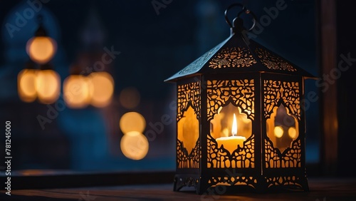 A golden Ramadhan lamp with Islamic rosary beads on dark background © Abdul
