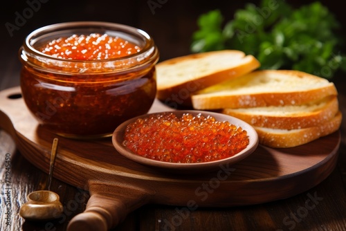 Exquisite red caviar in bowl with elegant caviar sandwiches on wooden board displayed on table