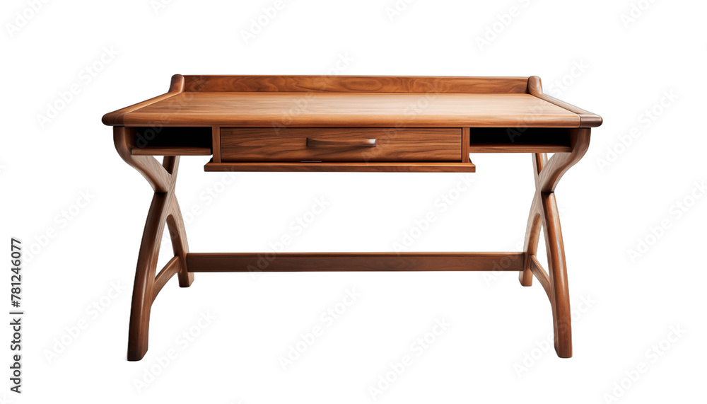 Walnut wooden desk with a drawer in the middle and curved legs isolated on white background Walnut wooden desk with a drawer in the middle and curved legs isolated on white background