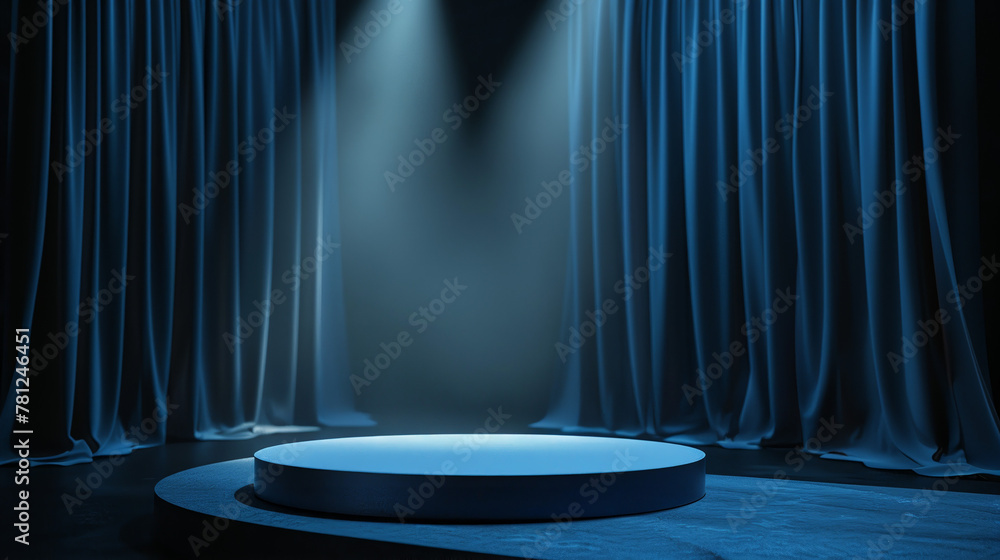 blue podium platform with spotlight on dark background for product presentation. Abstract scene of round pedestal in studio room with silk curtain. Minimal design, simple composition