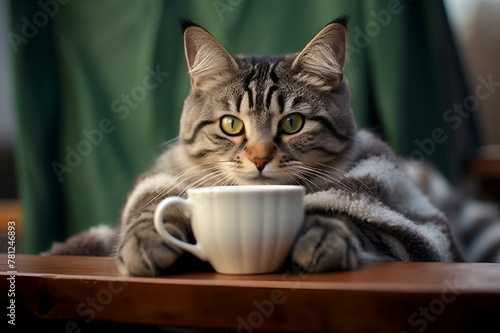a gray and white cat sitting on a table with a cup in its paws