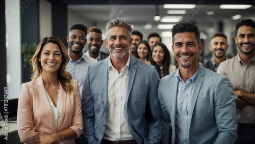 Grupo de personas multicultural en una empresa frente a la cámara sonriendo con actitud positiva y de éxito. Imagen de motivación empresarial.