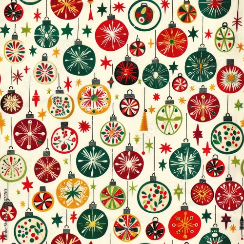 A vibrant array of retro-style Christmas baubles and stars on a textured off-white background