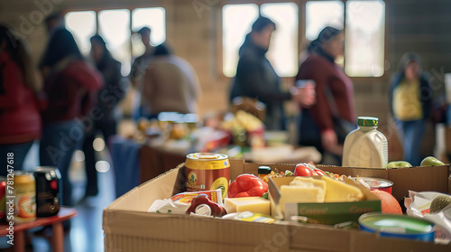 Cardboard box filled with various food items stands in the volunteer center. Charity, donation and volunteering concept