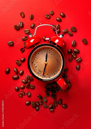 Morning Coffee Break Concept With Red Alarm Clock and Cup on Vibrant Background