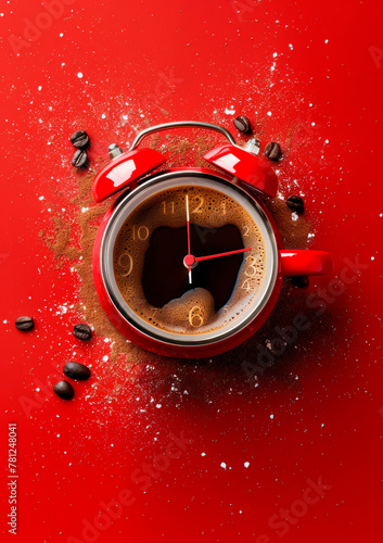 A red alarm clock filled with coffee sits on a matching red surface, surrounded by scattered coffee beans and powder, illustrating a creative start to the day.