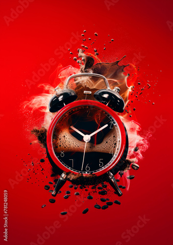Shattered Alarm Clock With Exploding Coffee Against a Vivid Red Background