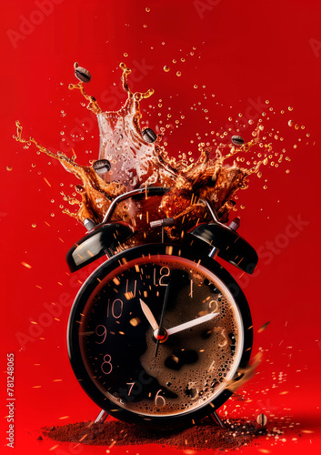 Dynamic Splash of Coffee Around a Black Alarm Clock on Red Background
