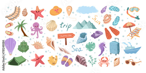 Hand-drawn colored sketch set of travel icons. Tourism and camping adventure icons. Сlipart with travelling elements: marine life, flip-flops, luggage, shells, hat, mountains etc.